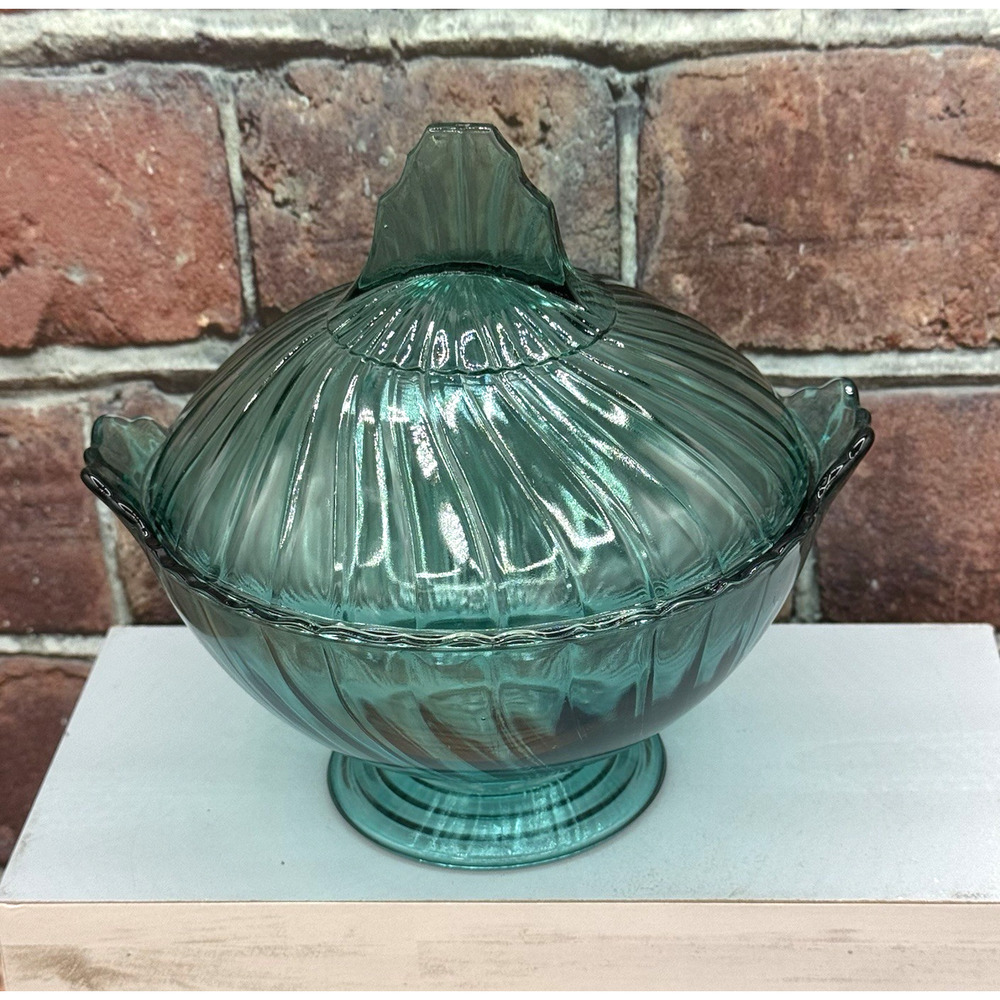 Vintage Jeannette Swirl Ultramarine 6" Candy Dish Pedestal w‎ Lid 1937 UV Glow